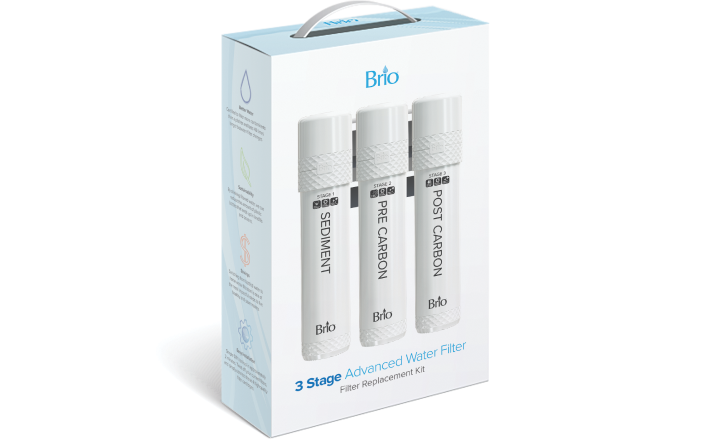 Brio 3 Stage Advanced Water Filter replacement kit packaging, showing three filters labeled Stage 1 Sediment, Stage 2 Pre Carbon, and Stage 3 Post Carbon, with a white and light blue box design and carrying handle.